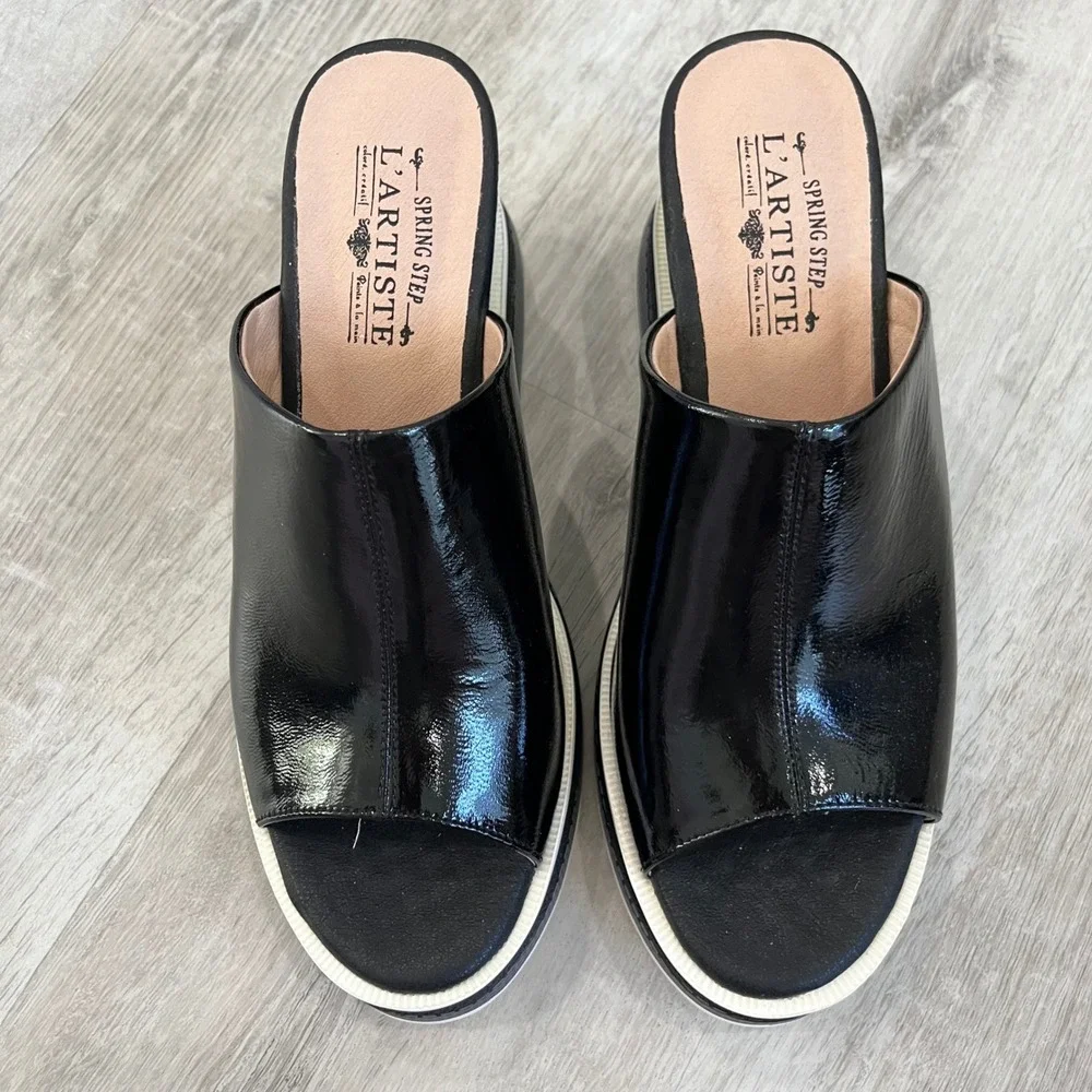 L'Artiste by Spring Step Allurin Platform Slide Sandals Black Wedding Sz 41 NWOT